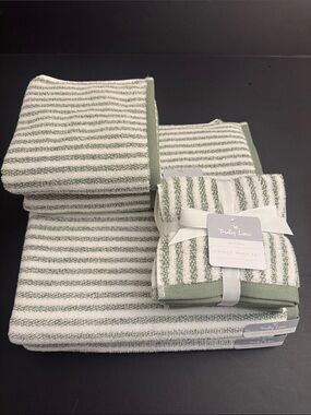 8pc TRULY LOU 100% Cotton Stripe Bath Towel Set -Soft -Absorbent - Wht/Oil Green